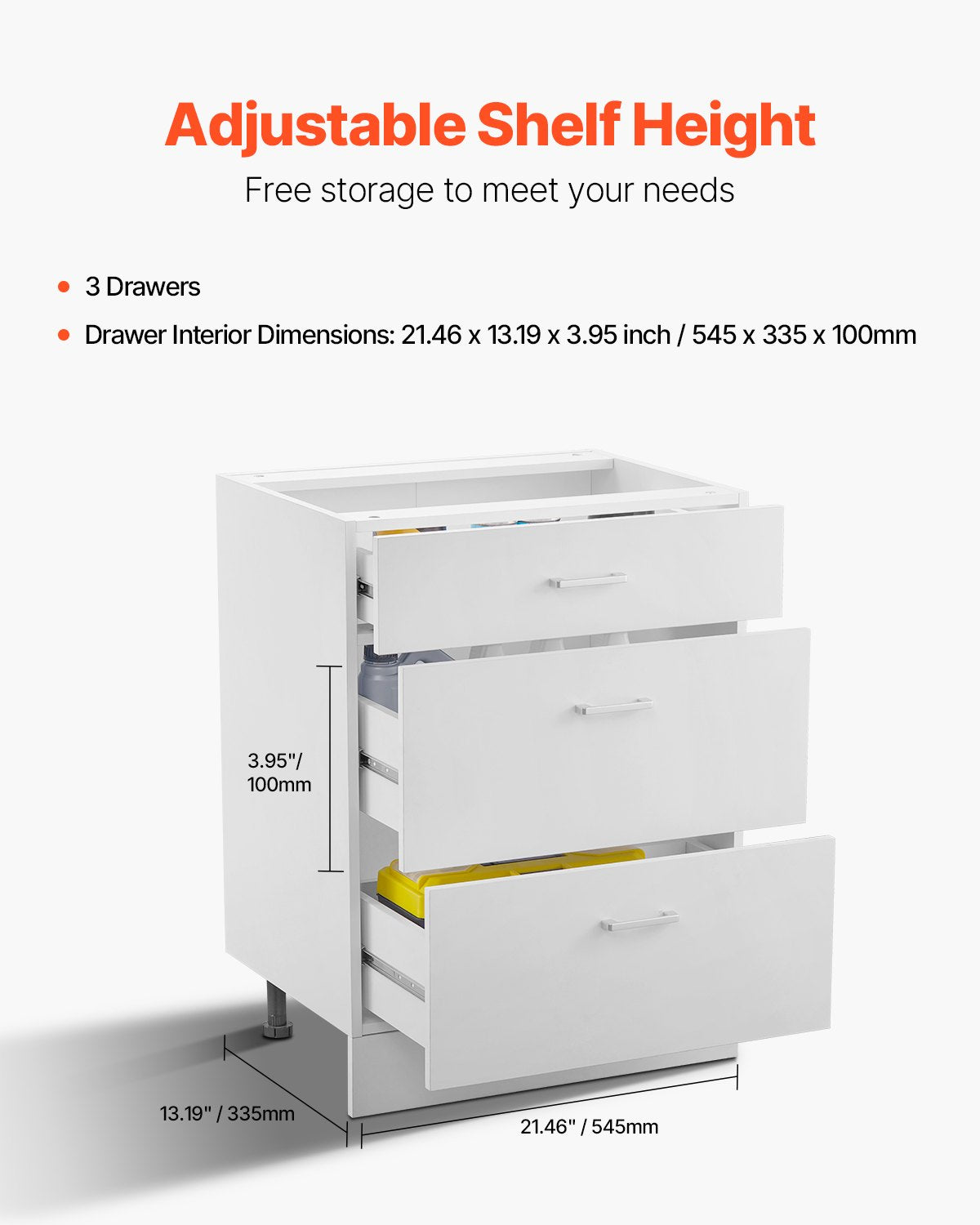 Weißer Shaker-Unterschrank mit 3 Schubladen, 61 cm (24 Zoll) breit, unmontiert, Maße: 61 cm (24 Zoll) B x 48 cm (19 Zoll) T x 81 cm (32 Zoll) H, mit Schubladenauszügen mit Soft-Close-Funktion, für das Homeoffice