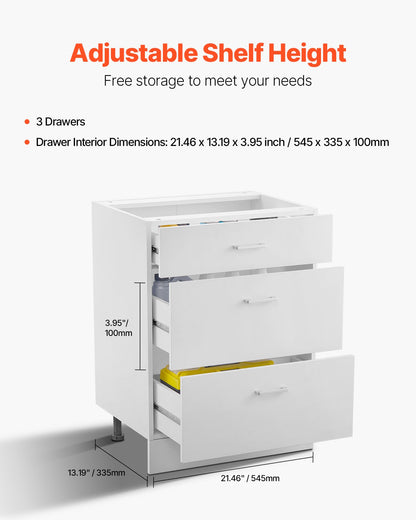 Weißer Shaker-Unterschrank mit 3 Schubladen, 61 cm (24 Zoll) breit, unmontiert, Maße: 61 cm (24 Zoll) B x 48 cm (19 Zoll) T x 81 cm (32 Zoll) H, mit Schubladenauszügen mit Soft-Close-Funktion, für das Homeoffice