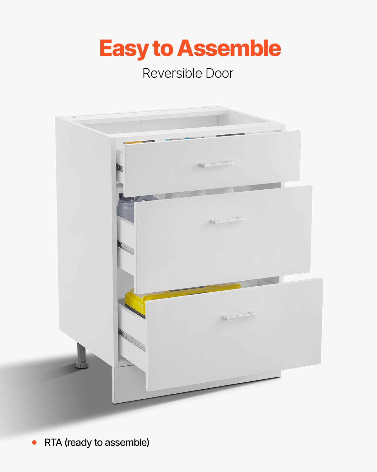 Weißer Shaker-Unterschrank mit 3 Schubladen, 61 cm (24 Zoll) breit, unmontiert, Maße: 61 cm (24 Zoll) B x 48 cm (19 Zoll) T x 81 cm (32 Zoll) H, mit Schubladenauszügen mit Soft-Close-Funktion, für das Homeoffice