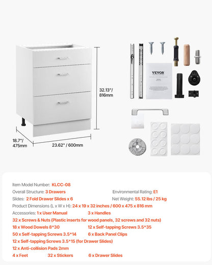 Weißer Shaker-Unterschrank mit 3 Schubladen, 61 cm (24 Zoll) breit, unmontiert, Maße: 61 cm (24 Zoll) B x 48 cm (19 Zoll) T x 81 cm (32 Zoll) H, mit Schubladenauszügen mit Soft-Close-Funktion, für das Homeoffice