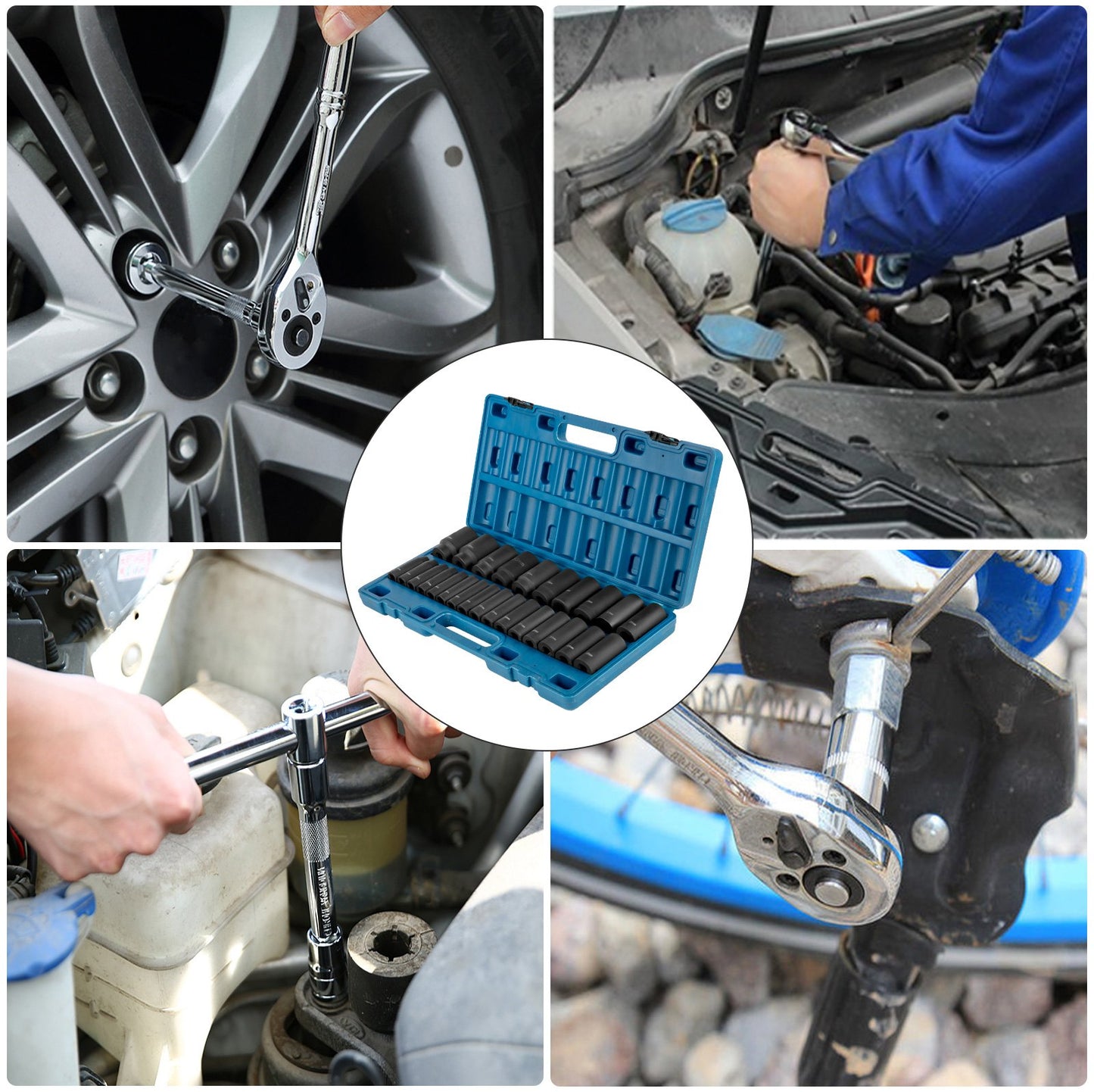 Schlagschrauber-Steckschlüsselsatz, 1/2" 26-teilig, tiefe Steckschlüssel, 6-Kant-Steckschlüssel, 1/2"-Antrieb, metrischer Schlagschrauber-Steckschlüsselsatz 10 mm - 36 mm, robuste Cr-V-Konstruktion, mit Aufbewahrungsbox