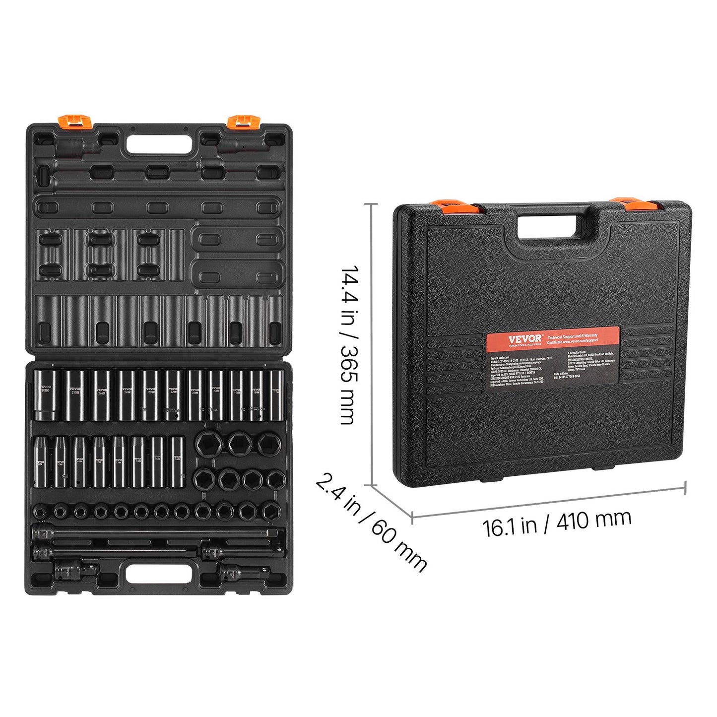 Schlagschrauber-Steckschlüsselsatz 1/2 Zoll, 43-teilig, Standard-Steckschlüsselsortiment, 1/2-Zoll-Antrieb, 6-Kant-Steckschlüssel, metrisch 9-30 mm (Standard/Tief)