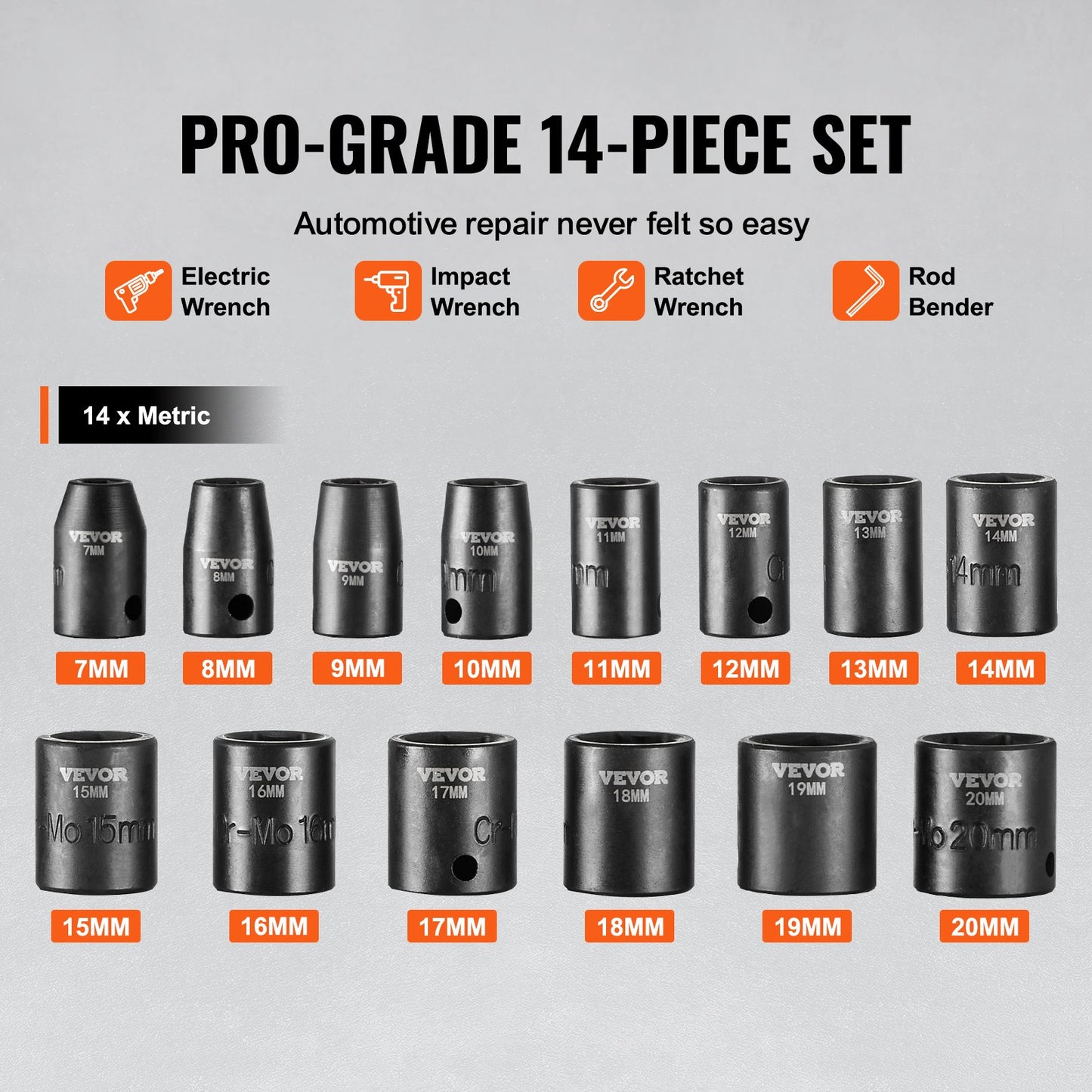3/8"-Antrieb Schlagschrauber-Steckschlüsselsatz, 14-teiliger flacher Steckschlüsselsatz metrisch 7–20 mm, 6-kantiger Cr-Mo-Legierungsstahl für Autoreparaturen, gut lesbare Größenmarkierungen, robuste Konstruktion, inklusive Aufbewahrungskoffer