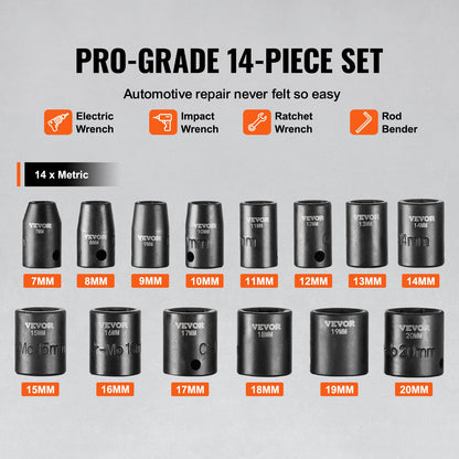 3/8"-Antrieb Schlagschrauber-Steckschlüsselsatz, 14-teiliger flacher Steckschlüsselsatz metrisch 7–20 mm, 6-kantiger Cr-Mo-Legierungsstahl für Autoreparaturen, gut lesbare Größenmarkierungen, robuste Konstruktion, inklusive Aufbewahrungskoffer