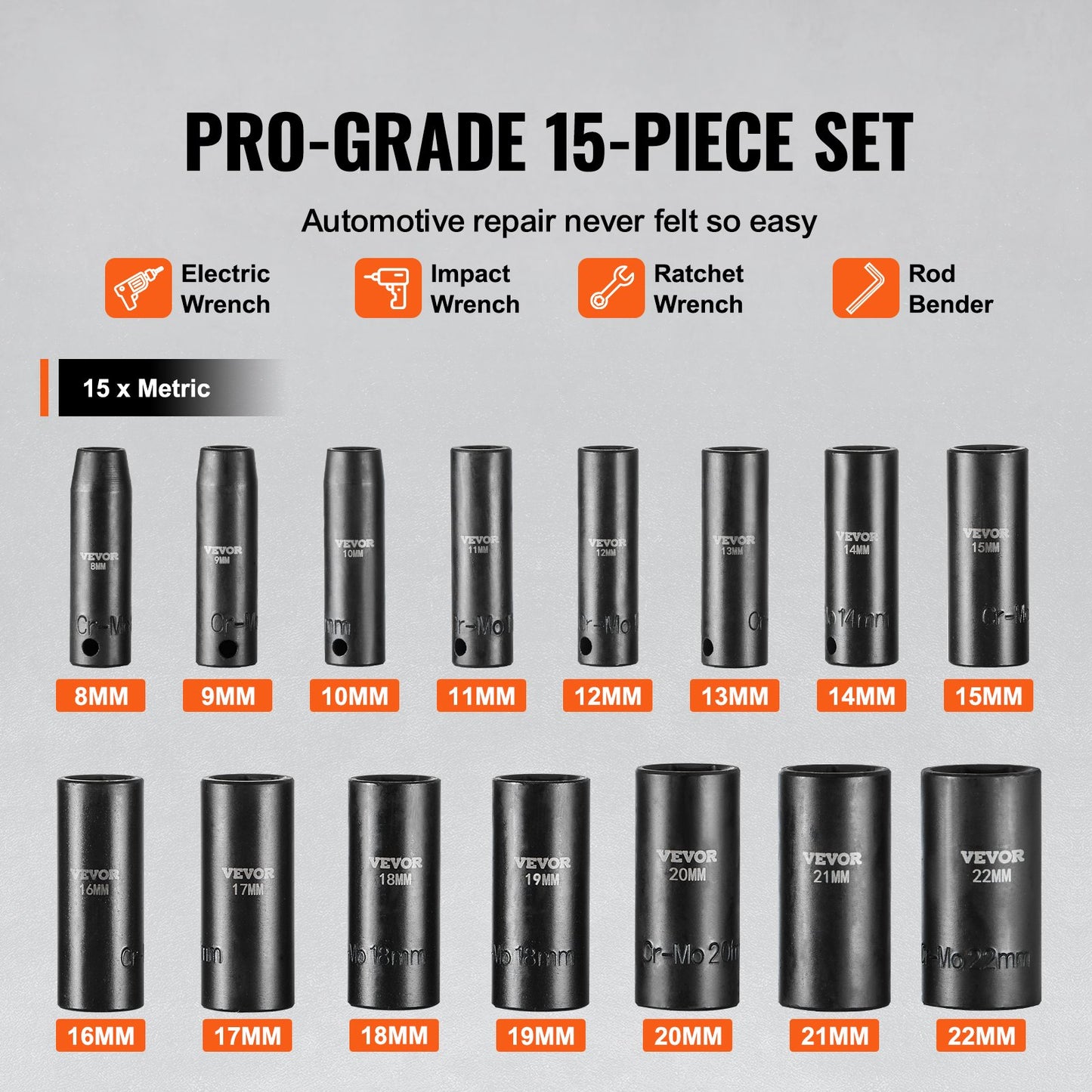 3/8"-Antrieb Schlagschrauber-Steckschlüsselsatz, 15-teiliger Tiefbett-Steckschlüsselsatz metrisch 8–22 mm, 6-kantiger Cr-Mo-Legierungsstahl für Autoreparaturen, gut lesbare Größenmarkierungen, robuste Konstruktion, inklusive Aufbewahrungskoffer