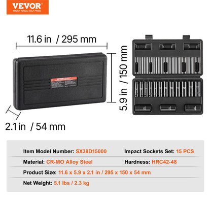 3/8"-Antrieb Schlagschrauber-Steckschlüsselsatz, 15-teiliger Tiefbett-Steckschlüsselsatz metrisch 8–22 mm, 6-kantiger Cr-Mo-Legierungsstahl für Autoreparaturen, gut lesbare Größenmarkierungen, robuste Konstruktion, inklusive Aufbewahrungskoffer