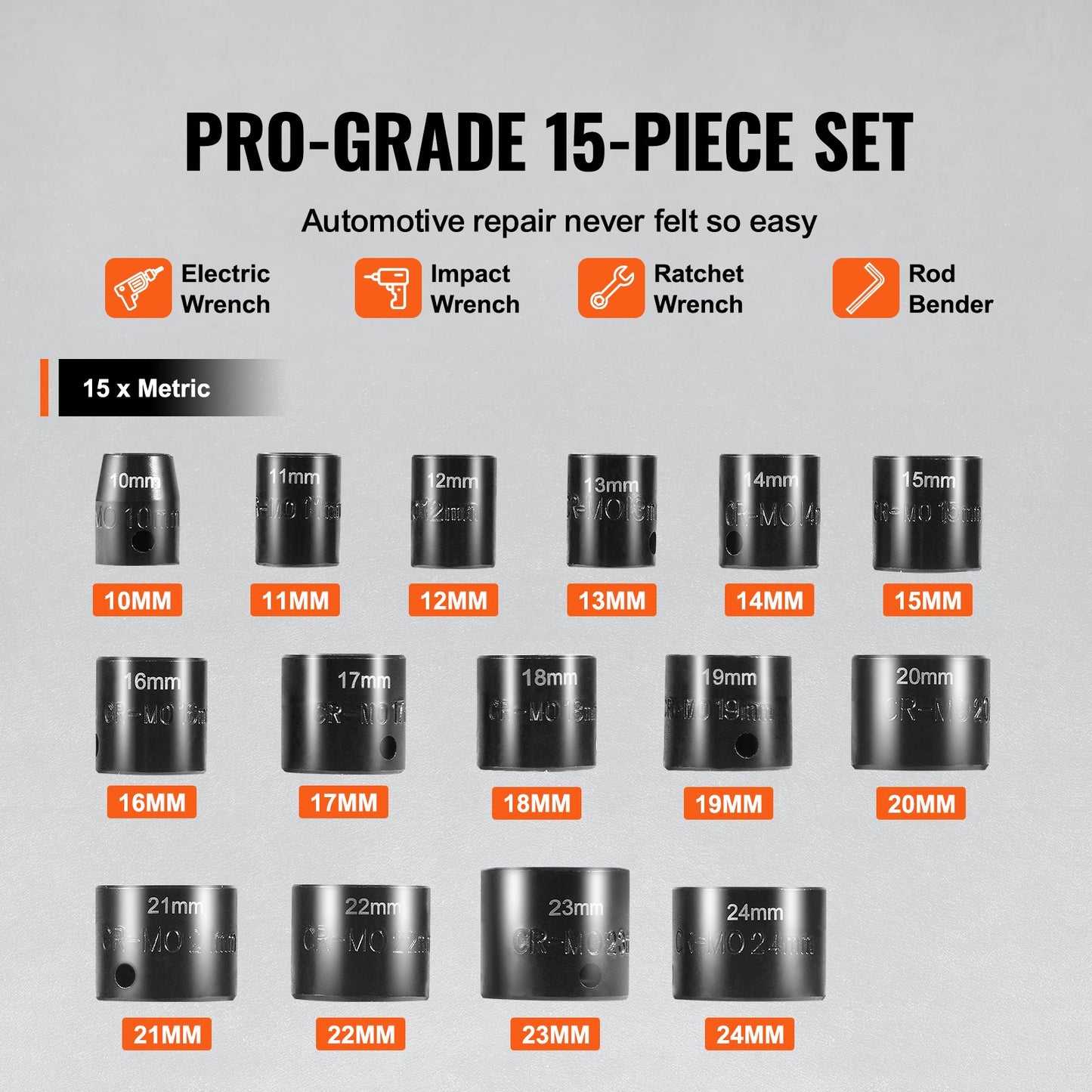 3/8"-Antrieb Schlagschrauber-Steckschlüsselsatz, 15-teilig, ultrakurz, metrisch 10–24 mm, 6-kant, Chrom-Molybdän-Legierungsstahl, für Autoreparaturen, gut lesbare Größenmarkierungen, robuste Konstruktion, Steckschlüssel-Organizer