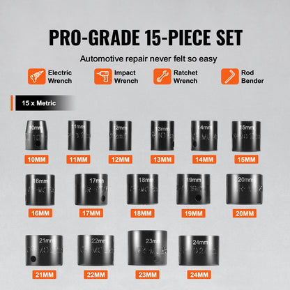 3/8"-Antrieb Schlagschrauber-Steckschlüsselsatz, 15-teilig, ultrakurz, metrisch 10–24 mm, 6-kant, Chrom-Molybdän-Legierungsstahl, für Autoreparaturen, gut lesbare Größenmarkierungen, robuste Konstruktion, Steckschlüssel-Organizer