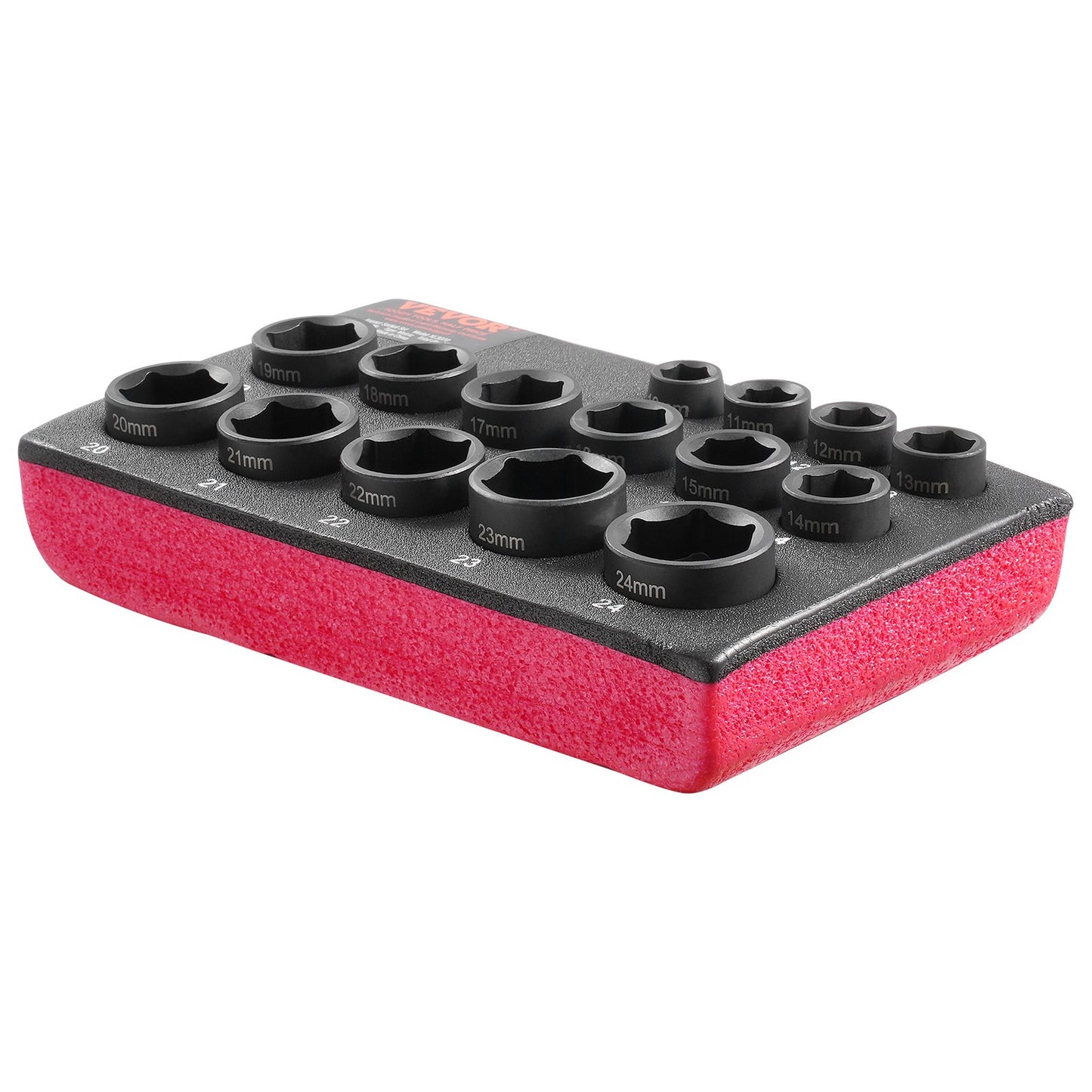 3/8"-Antrieb Schlagschrauber-Steckschlüsselsatz, 15-teilig, ultrakurz, metrisch 10–24 mm, 6-kant, Chrom-Molybdän-Legierungsstahl, für Autoreparaturen, gut lesbare Größenmarkierungen, robuste Konstruktion, Steckschlüssel-Organizer