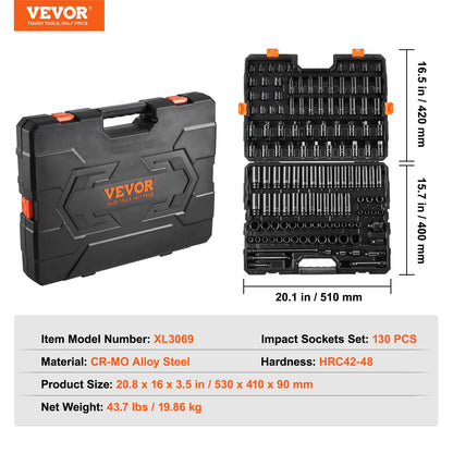 Impact Socket Set 130 Piece 3/8" & 1/2" - SAE & Metric Drive Socket Set - 6 Point Cr-Mo Alloy Steel for Auto Repair - Easy-to-Read Size Markings - Includes Storage Case