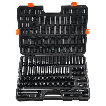 Impact Socket Set 130 Piece 3/8" & 1/2" - SAE & Metric Drive Socket Set - 6 Point Cr-Mo Alloy Steel for Auto Repair - Easy-to-Read Size Markings - Includes Storage Case