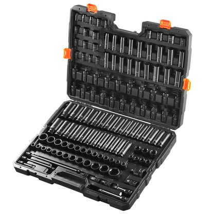 Impact Socket Set 130 Piece 3/8" & 1/2" - SAE & Metric Drive Socket Set - 6 Point Cr-Mo Alloy Steel for Auto Repair - Easy-to-Read Size Markings - Includes Storage Case