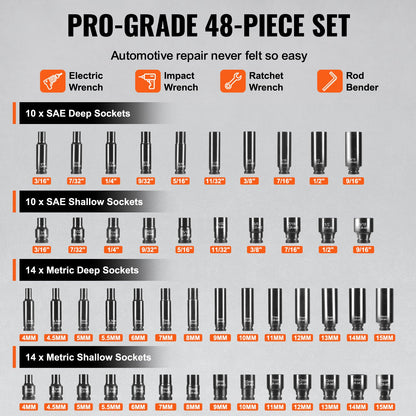 1/4"-Antrieb Schlagschrauber-Steckschlüsselsatz, 48-teilig, tiefe und flache Steckschlüssel, SAE 3/16"-9/16" und metrisch 4-15 mm, 6-kant, Chrom-Molybdän-Legierungsstahl, für Autoreparaturen, gut lesbare Größenmarkierungen, Aufbewahrungskoffer