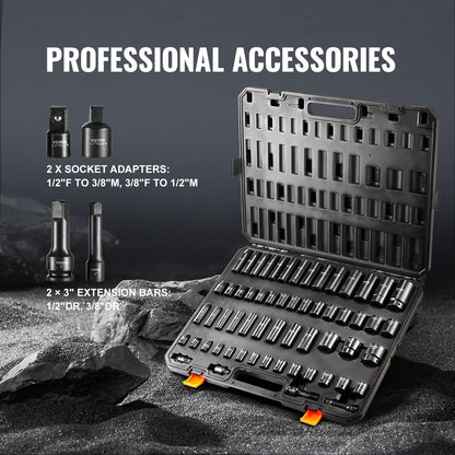 3/8"- und 1/2"-Antriebs-Schlagschrauber-Steckschlüsselsatz, 59-teilig, Steckschlüsselsatz SAE 5/16" bis 1-1/4" und metrisch 6-32 mm, 6-kantiger Cr-Mo-Legierungsstahl für Autoreparaturen, gut lesbare Markierungen, robuste Konstruktion, Aufbewahrungskoffer