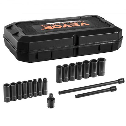 3/8" Drive Impact Socket Set, 18 Piece Deep Socket Set Metric 8-22mm, 6 Point CR-V Alloy Steel for Auto Repair, Easy-to-Read Size Markings, Rugged Construction, Includes Storage Case