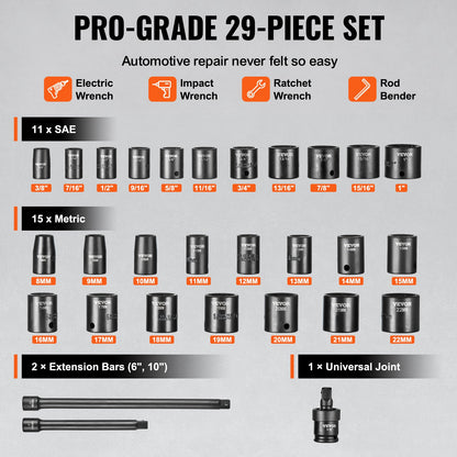 3/8"-Antrieb Schlagschrauber-Steckschlüsselsatz, 29-teiliger flacher Steckschlüsselsatz SAE 3/8"-1" und metrisch 8-22 mm, 6-kantiger CR-Mo-Legierungsstahl für Autoreparaturen, gut lesbare Größenmarkierungen, robuste Konstruktion, Aufbewahrungskoffer