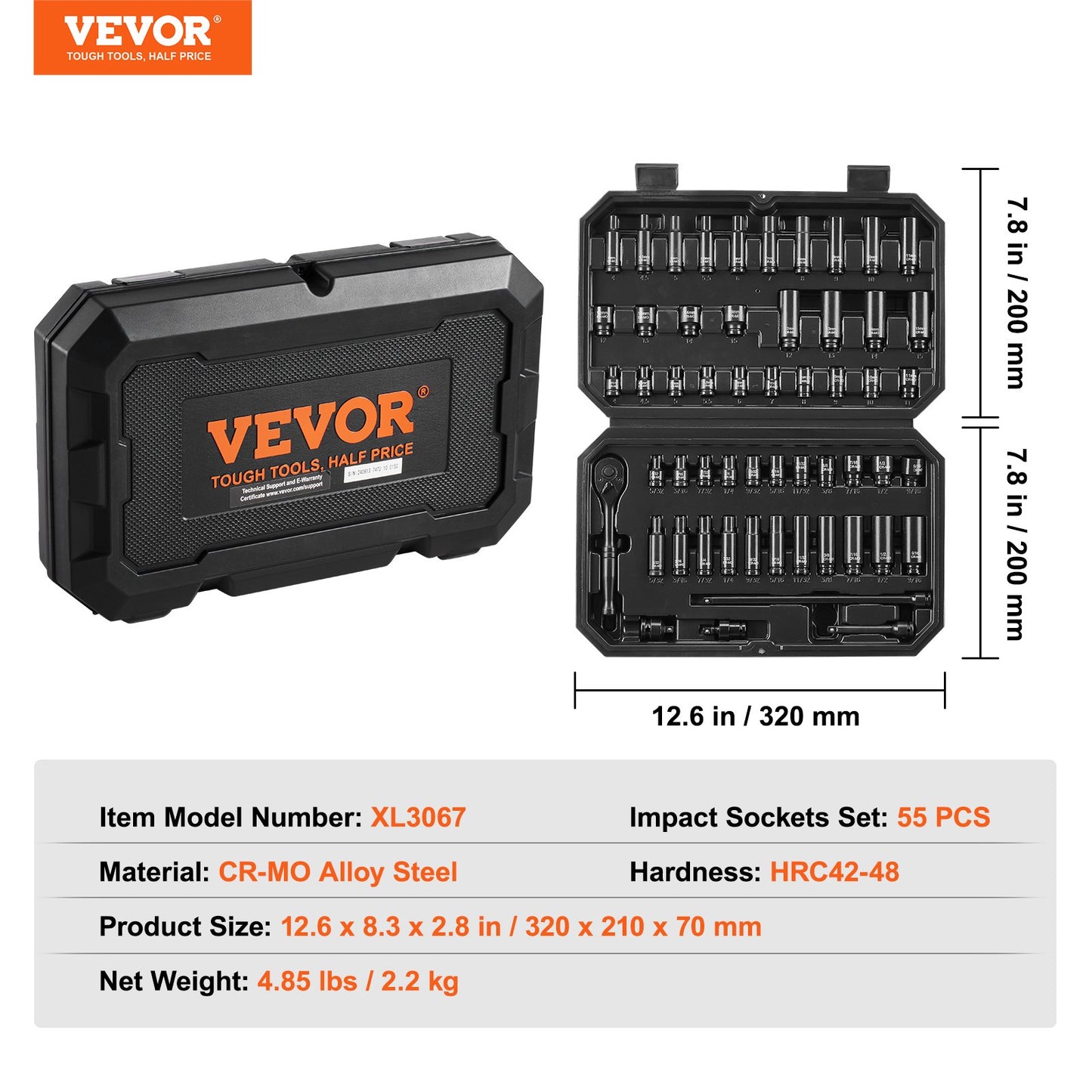 1/4" Drive Impact Socket Set, 55 Piece Deep & Shallow Socket Set SAE 5/32"-9/16" and Metric 4-15mm, 6 Point CR-V Alloy Steel for Auto Repair, Easy-to-Read Size Markings, Storage Case