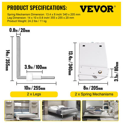 Murphy Wandmontage-Federmechanismus, robustes Befestigungsmaterial, DIY-Set für Kingsize- und Queensize-Betten (vertikal), Weiß