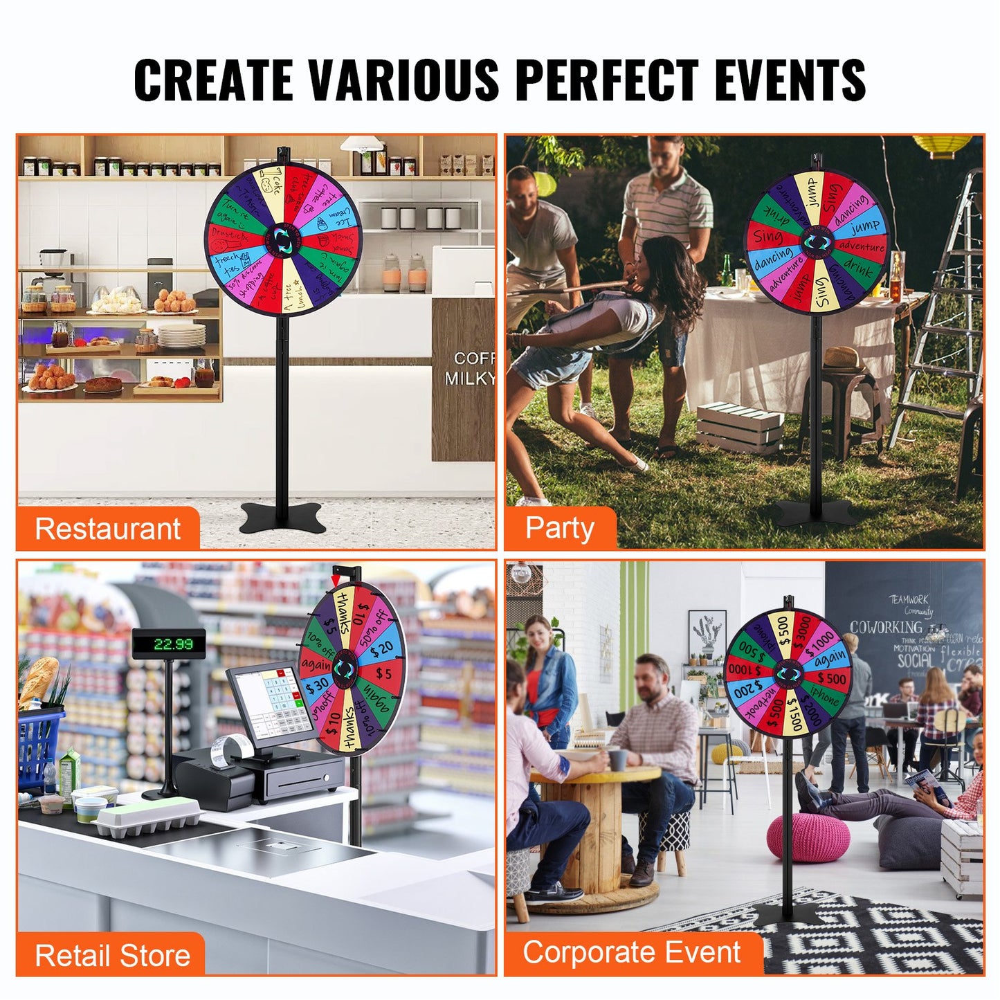 24 inch Spinning Prize Wheel, 14 Slots Spinning Wheel, Roulette Wheel with a Dry Erase and 2 Markers, Tabletop or Floor Standing Win Fortune Spin Games in Party Pub Trade Show Carnival