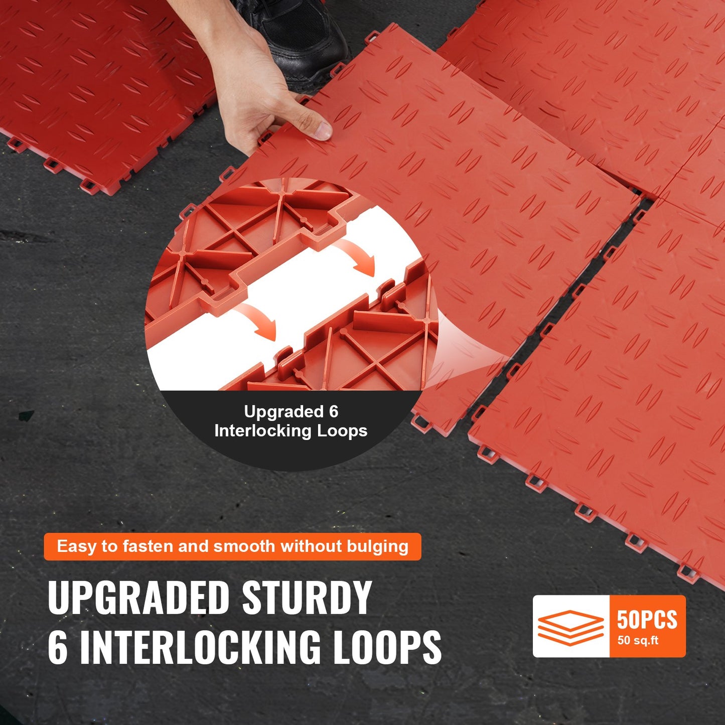 Garage Tiles Interlocking, 12 x 12 x 0.53 inch 50 Pack Garage Floor Covering Tiles, Non-Slip Double-Sided Texture Garage Flooring Tiles, for Garages, Basements, Repair Shops, Red