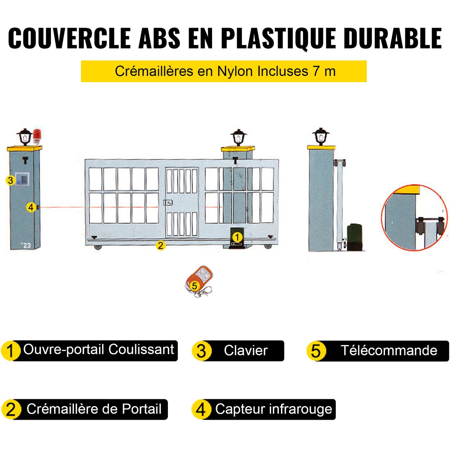 Automatischer Schiebetorantrieb, 1800 kg, 7 m, mit 4 Fernbedienungen und App-Steuerung, elektrischer Schiebetormotor für Einfahrten, komplettes Sicherheitssystem-Set für Torantriebe