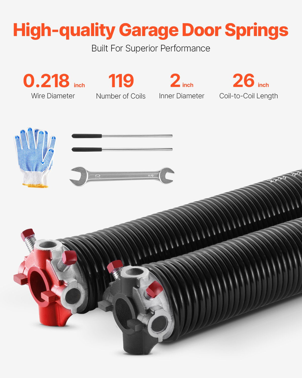 Garage Door Torsion Springs, Pair of 0.218 x 2 x 26 in, 16000 Cycles, Electrophoresis Black Coated for Replacement, Garage Door Springs with Non-Slip Winding Bars, Gloves and Mounting Wrench