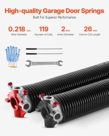 Garage Door Torsion Springs, Pair of 0.218 x 2 x 26 in, 16000 Cycles, Electrophoresis Black Coated for Replacement, Garage Door Springs with Non-Slip Winding Bars, Gloves and Mounting Wrench