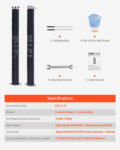 Garagentor-Torsionsfedern, Paar, 0,225 x 2 x 27 Zoll, 16.000 Zyklen, elektrophoretisch schwarz beschichtet, inklusive rutschfester Aufziehstangen, Handschuhen und Montageschlüssel