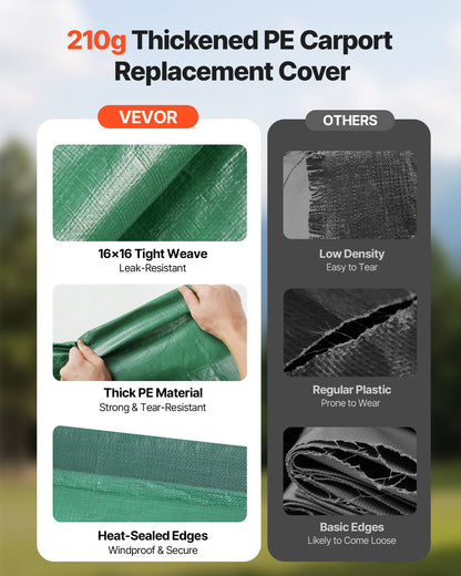 Carport Replacement Canopy, 3 x 6 m Potable Garage Tent Top Tarp, UV-Resistant & Waterproof Car Shelter Tarp, Heavy Duty Car Port Cover with Ball Buggees, Dark Green, Frame Not Included