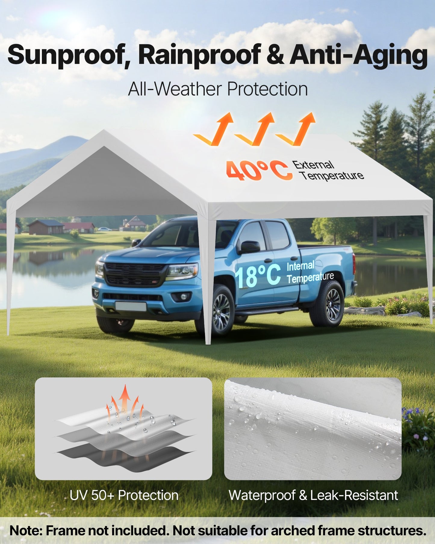 Carport-Ersatzüberdachung, 3,6 x 6 m, tragbare Garagenzeltplane, UV-beständige und wasserdichte Autoschutzplane, robuste Carportabdeckung mit Kugelgelenken, weiß, Gestell nicht enthalten