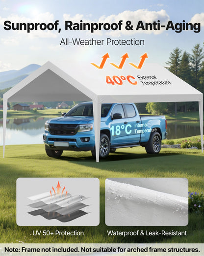 Carport-Ersatzüberdachung, 3,6 x 6 m, tragbare Garagenzeltplane, UV-beständige und wasserdichte Autoschutzplane, robuste Carportabdeckung mit Kugelgelenken, weiß, Gestell nicht enthalten