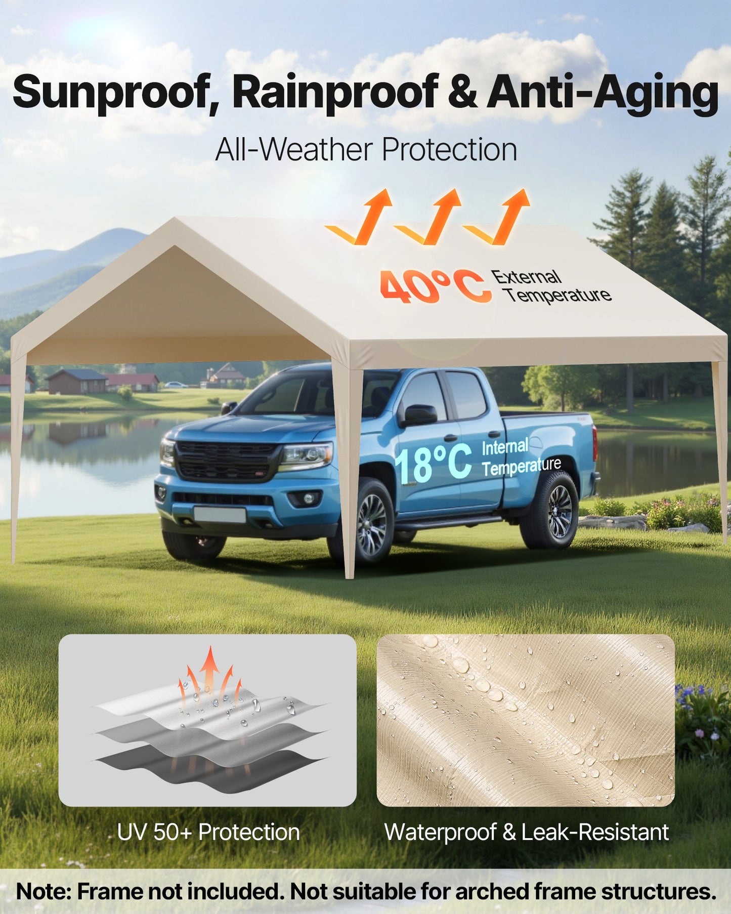 Carport-Ersatzüberdachung, 3,6 x 6 m, tragbare Garagenzeltplane, UV-beständige und wasserdichte Autoschutzplane, robuste Carport-Abdeckung mit Kugelgelenken, beige, Gestell nicht enthalten
