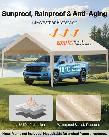 Carport-Ersatzüberdachung, 3,6 x 6 m, tragbare Garagenzeltplane, UV-beständige und wasserdichte Autoschutzplane, robuste Carport-Abdeckung mit Kugelgelenken, beige, Gestell nicht enthalten