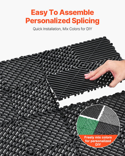 Interlocking Drainage Mat, 12” x 12” Modular Interlocking Cushion, 12 Pcs Splicing Drainage Mats, Non-Slip Black PP Drainage Floor Tile and Shower Mat, for Garage, Garden, Kitchen & Outdoor