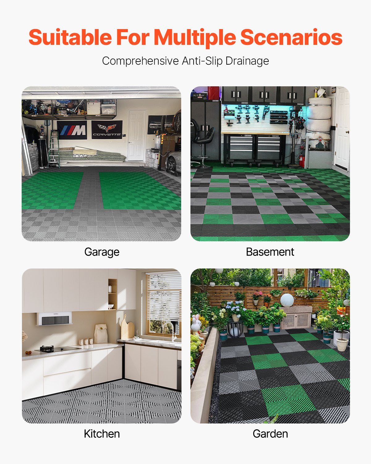 Interlocking Drainage Mat, 12” x 12” Modular Interlocking Cushion, 50 Pcs Splicing Drainage Mats, Non-Slip Gray PP Drainage Floor Tile and Shower Mat, for Garage, Garden, Kitchen & Outdoor
