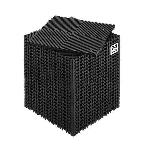 Ineinandergreifende Drainagematte, 30 x 30 cm, modulares Stecksystem, 24-teiliges Set, rutschfeste schwarze PP-Bodenfliese und Duschmatte, für Garage, Garten, Küche und Außenbereich