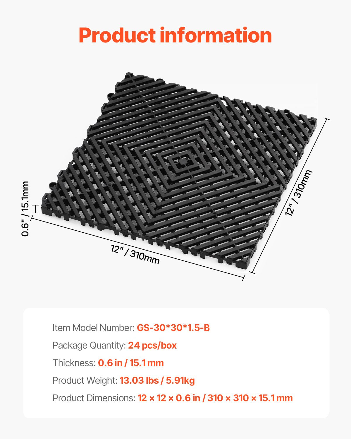 Ineinandergreifende Drainagematte, 30 x 30 cm, modulares Stecksystem, 24-teiliges Set, rutschfeste schwarze PP-Bodenfliese und Duschmatte, für Garage, Garten, Küche und Außenbereich