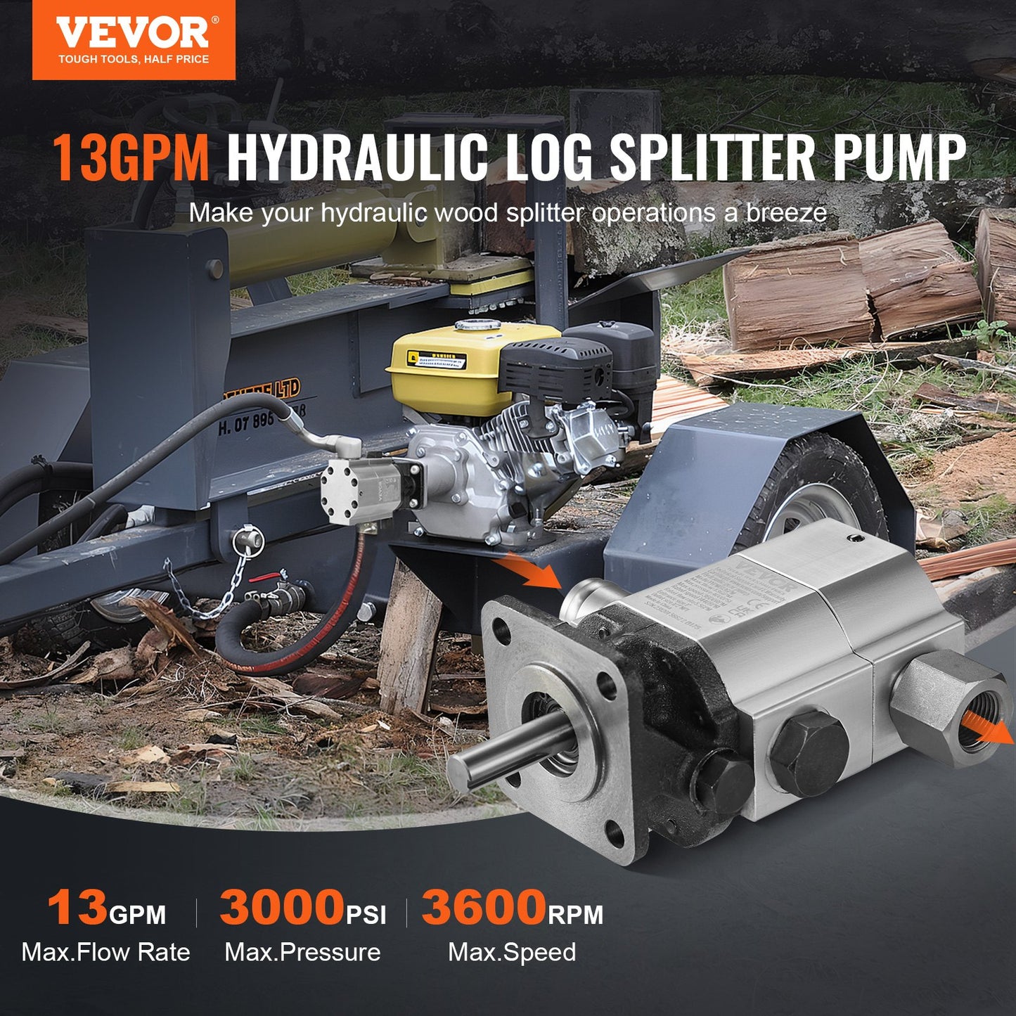 Hydraulic Log Splitter Pump, 13GPM, 2 Stage 3000PSI Wood Log Splitter Pump, 1'' Inlet 1/2'' NPT Outlet 3600 RPM Aluminum Hydraulic Gear Pump, for Small Engine Mounting Log Splitters Snowplow