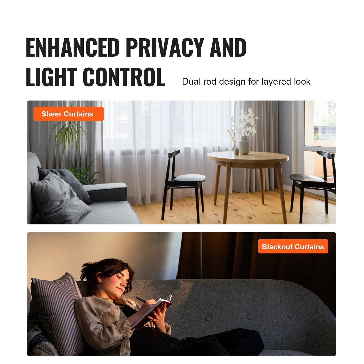 Double Rod Curtain Rods, 36-72 inches(3-6ft) Adjustable Length, Black Double Curtain Rods with Cap Finials, 1" and 3/4" Diameter, Double Window Drapery Rod for Sheer and Blackout Curtains