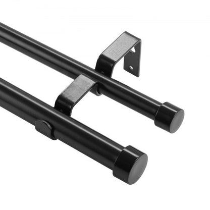 Double Rod Curtain Rods, 182.9-365.8 cm Adjustable Length, Black Double Curtain Rods with Cap Finials, 2.5 cm and 1.9 cm Diameter, Double Window Drapery Rod for Sheer and Blackout Curtains