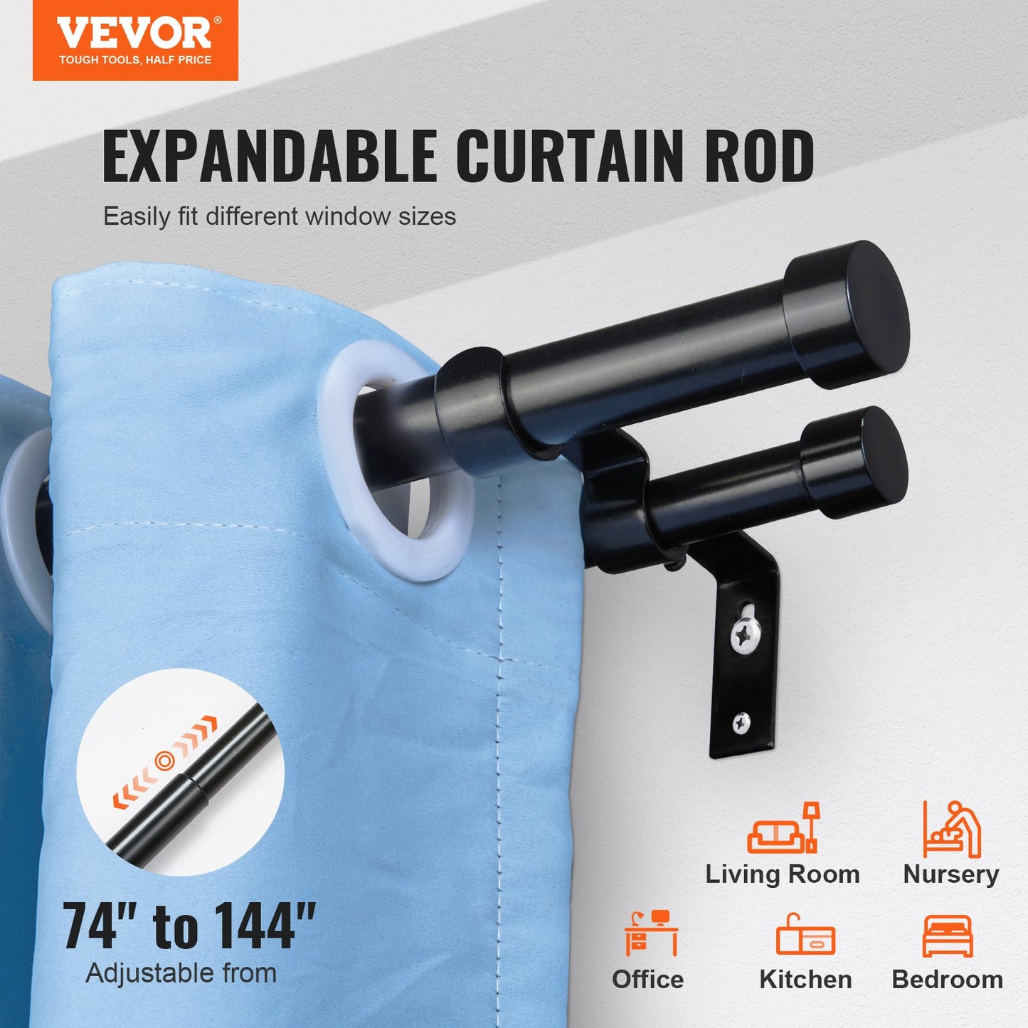 Double Rod Curtain Rods, 182.9-365.8 cm Adjustable Length, Black Double Curtain Rods with Cap Finials, 2.5 cm and 1.9 cm Diameter, Double Window Drapery Rod for Sheer and Blackout Curtains