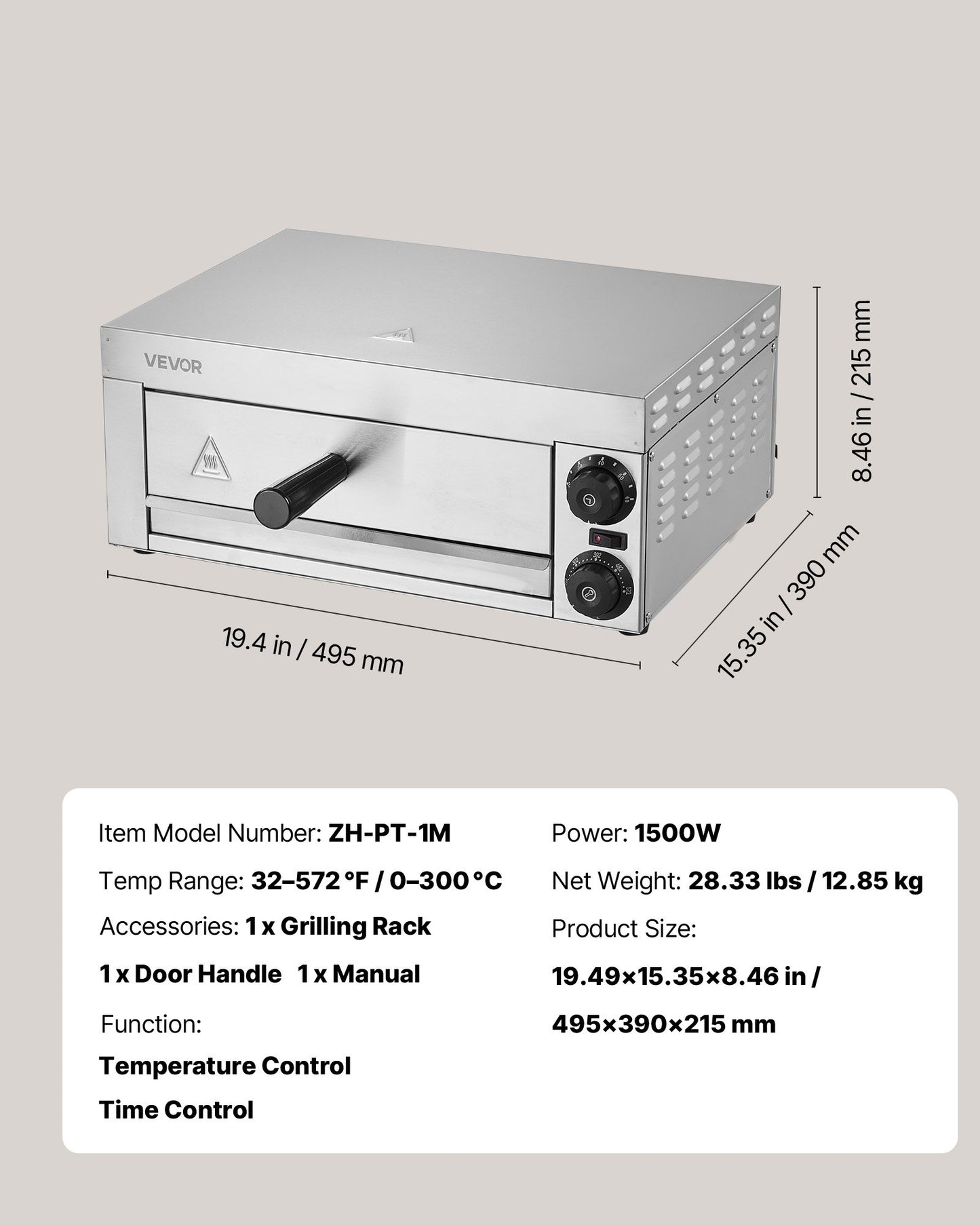 Elektrischer Pizzaofen für die Arbeitsplatte, 30 cm, 1500 W, mit Temperaturregelung und 0-60-Minuten-Timer, gleichmäßiger Backtechnologie und leicht zu reinigender Krümelschublade, ideal für gewerbliche und private Küchen