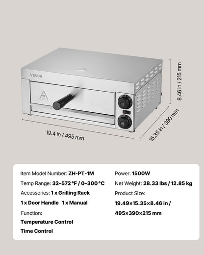 Elektrischer Pizzaofen für die Arbeitsplatte, 30 cm, 1500 W, mit Temperaturregelung und 0-60-Minuten-Timer, gleichmäßiger Backtechnologie und leicht zu reinigender Krümelschublade, ideal für gewerbliche und private Küchen