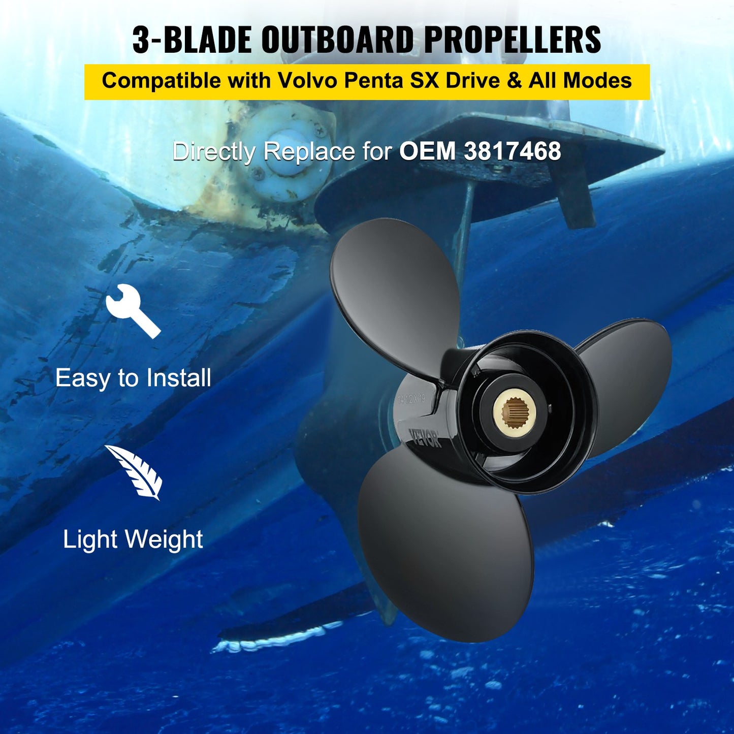 Outboard Propeller, Replace for OEM 3817468, 3-Blade 14.5\" x 19\" Pitch Aluminium Boat Propeller, Compatible with Volvo Penta SX Drive All Models, with 19 Tooth Splines, RH