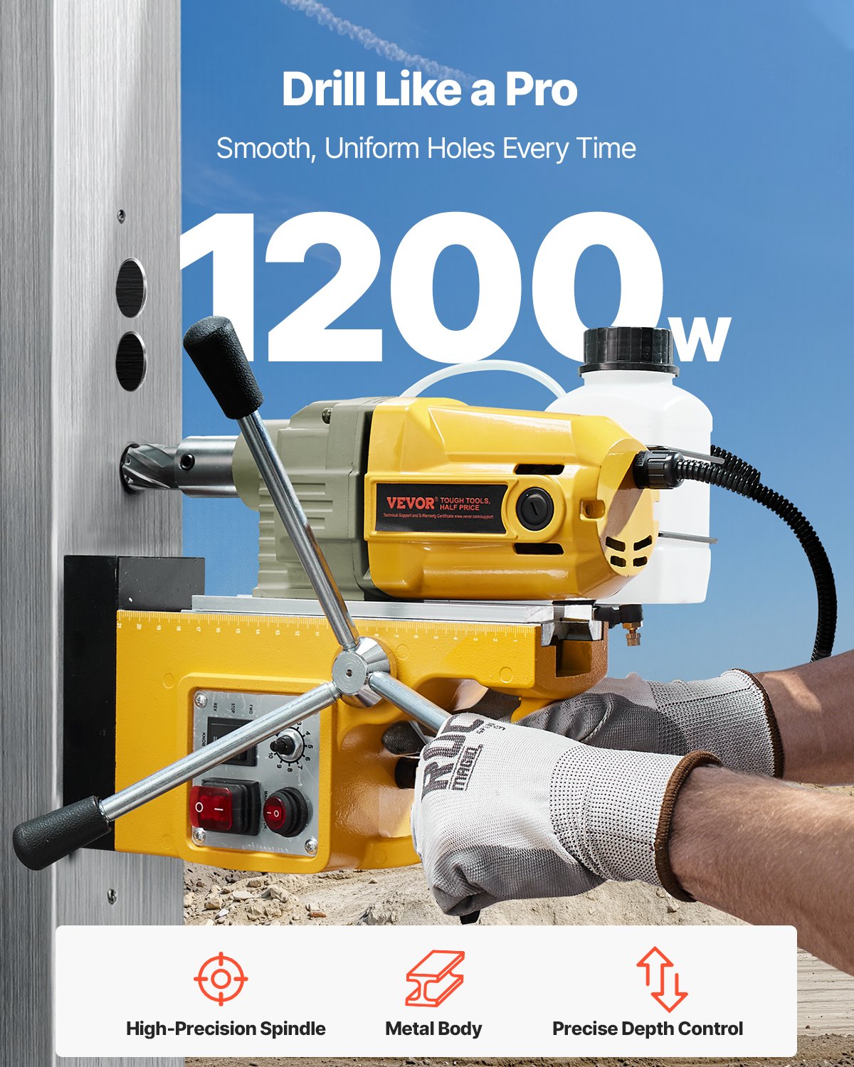 Magnetbohrmaschine, 1200-W-Motor, 40,6 mm Bohrdurchmesser, 1280 lbf Drehmoment, elektrische Magnetbohrmaschine mit 2 Kernbohrern, variabler Drehzahl, Bohrmaschine für Metalloberflächen, Heimwerkerbedarf, gelb