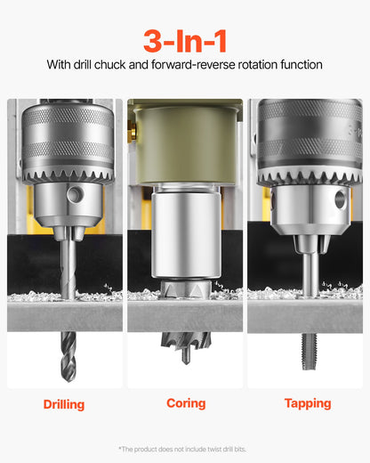 Magnetbohrmaschine, 1200-W-Motor, 40,6 mm Bohrdurchmesser, 1280 lbf Drehmoment, elektrische Magnetbohrmaschine mit 2 Kernbohrern, variabler Drehzahl, Bohrmaschine für Metalloberflächen, Heimwerkerbedarf, gelb