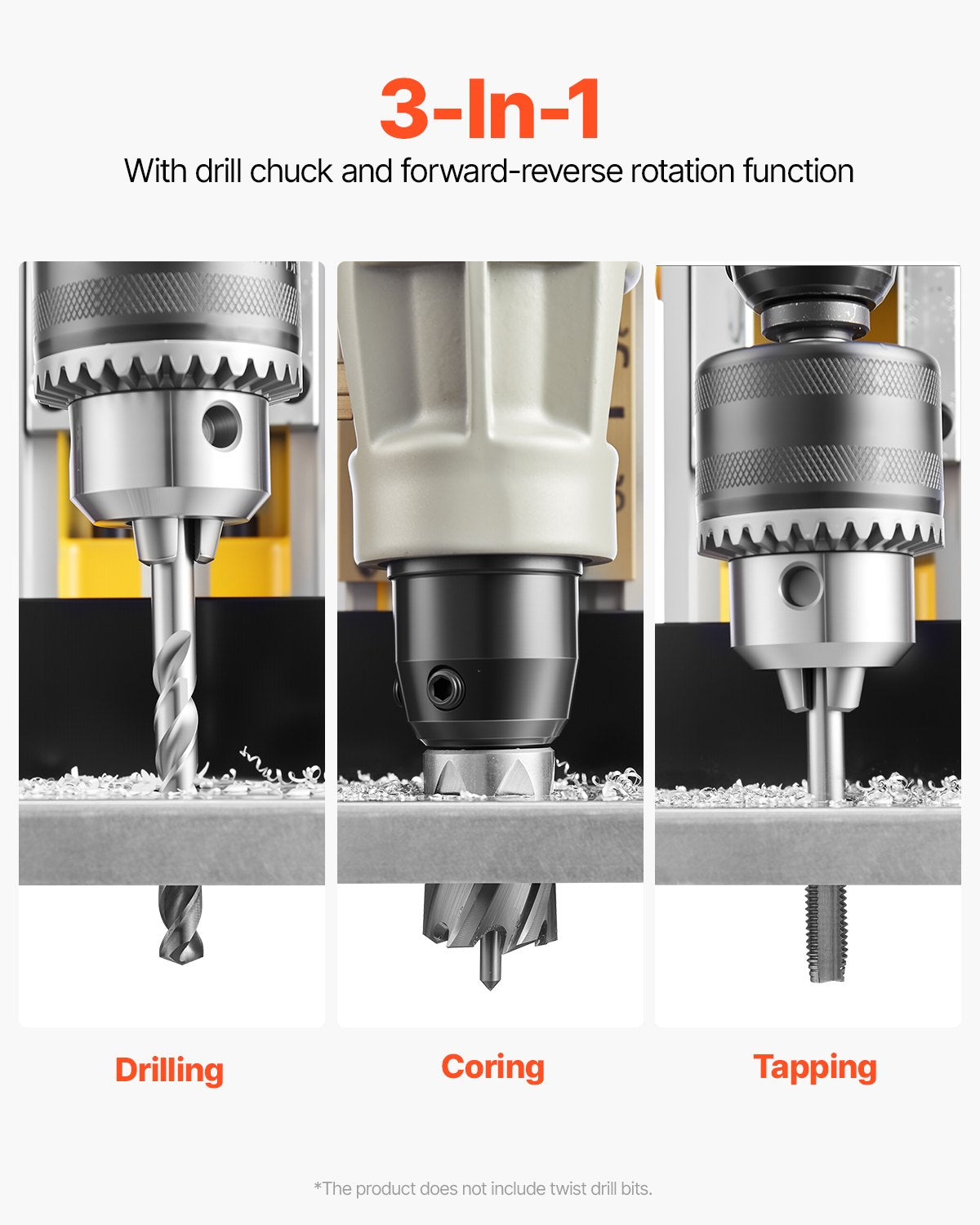 Magnetbohrmaschine, 1400-W-Motor, 2 Zoll Bohrdurchmesser, 2878 lbf Drehmoment, elektrische Magnetbohrmaschine mit 6 Kernbohrern, variabler Drehzahl, Bohrmaschine für Metalloberflächen, Heimwerkerbedarf, Gelb
