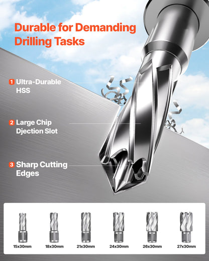 Magnetbohrmaschine, 1400-W-Motor, 2 Zoll Bohrdurchmesser, 2878 lbf Drehmoment, elektrische Magnetbohrmaschine mit 6 Kernbohrern, variabler Drehzahl, Bohrmaschine für Metalloberflächen, Heimwerkerbedarf, Gelb