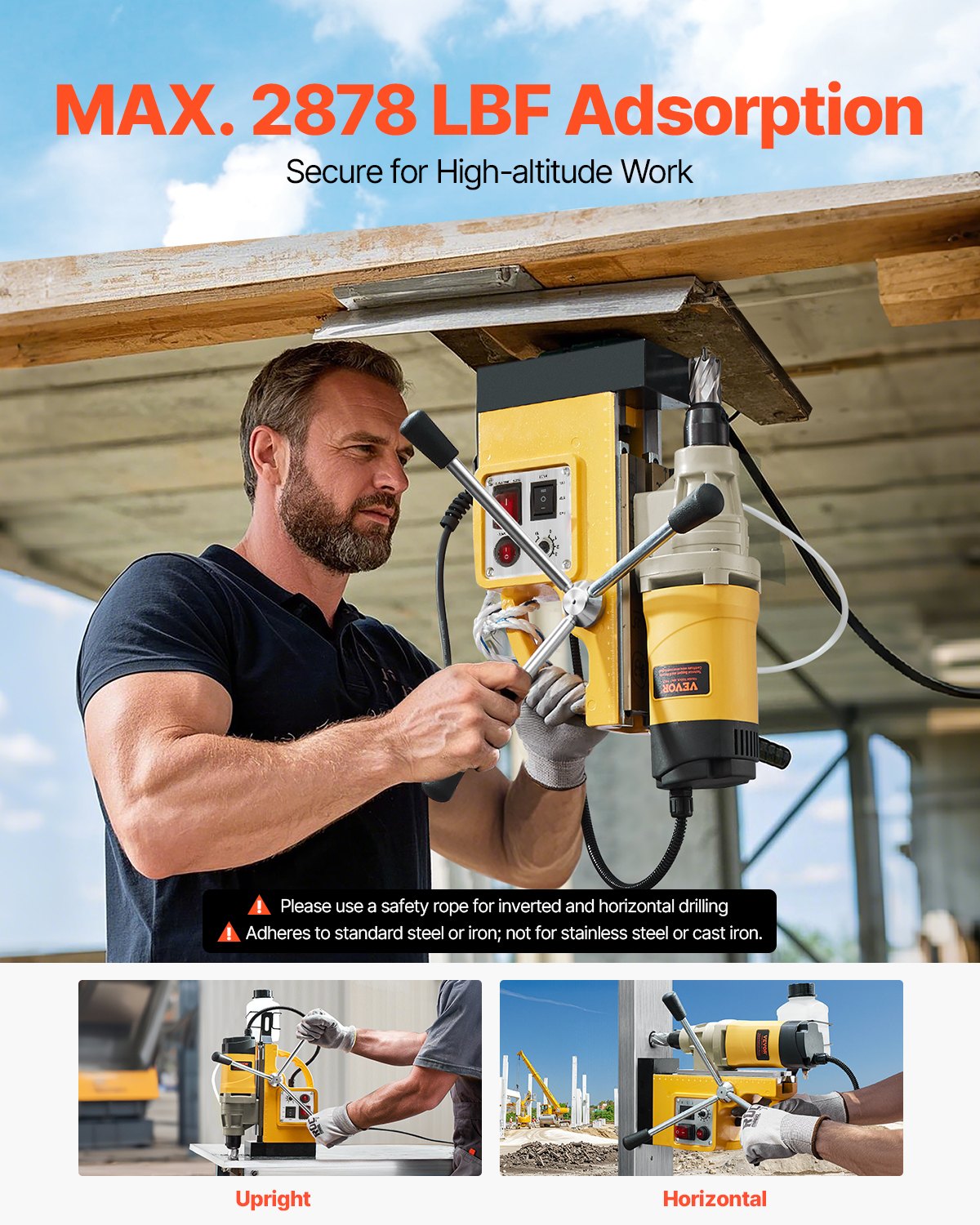 Magnetbohrmaschine, 1400-W-Motor, 2 Zoll Bohrdurchmesser, 2878 lbf Drehmoment, elektrische Magnetbohrmaschine mit 6 Kernbohrern, variabler Drehzahl, Bohrmaschine für Metalloberflächen, Heimwerkerbedarf, Gelb