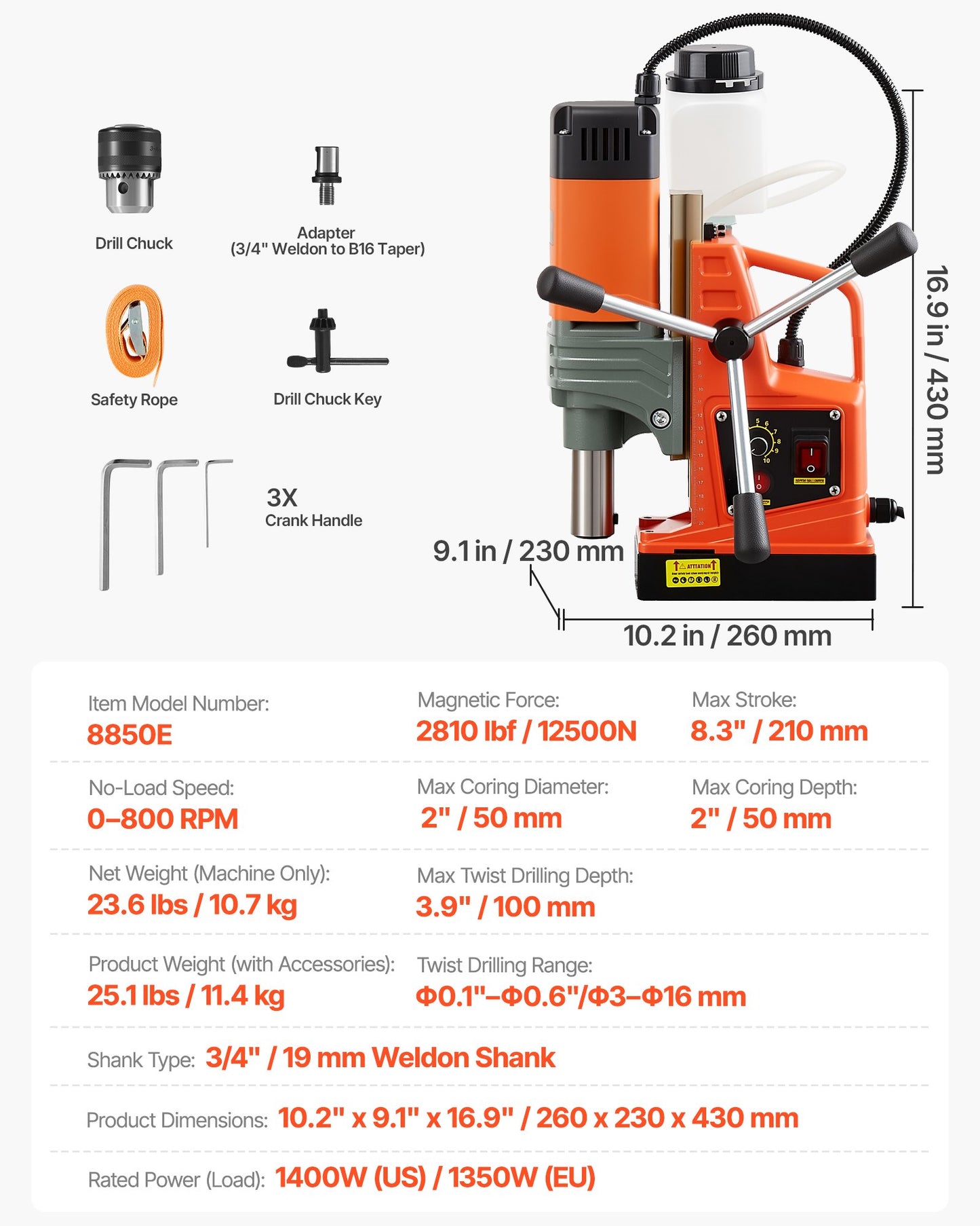 Magnetic Drill Press, 1350 W, 50 mm Boring Diameter, 12500N Power Portable Mag Drill Press, 0–800 RPM Adjustable Speed, with Weldon Shank, for Metal Surface, Industrial and Home Improvement